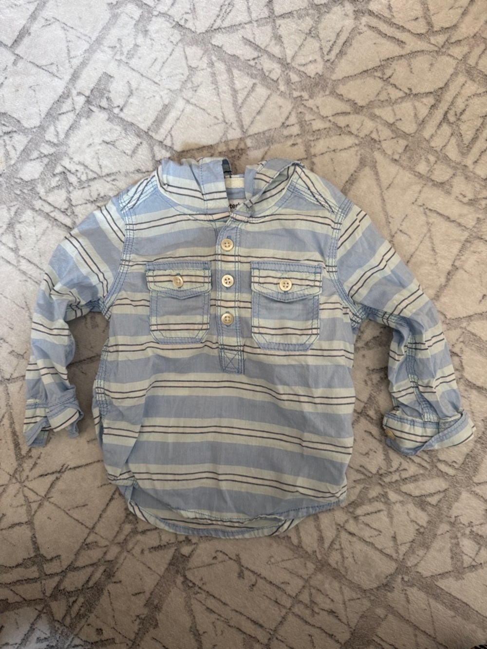 Carter's Light Blue & White Striped Button Placket Shirt with Hoodie